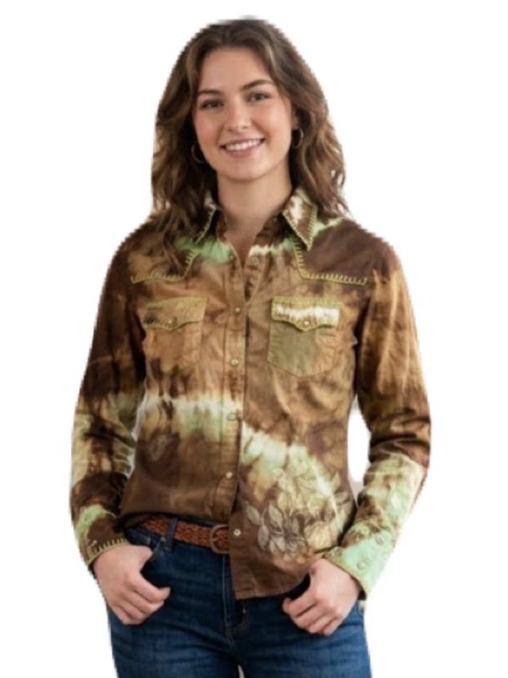 Apartment Snap Up Brown Tan Acid Wash Pattern Western Long Sleeve Shirt Size M